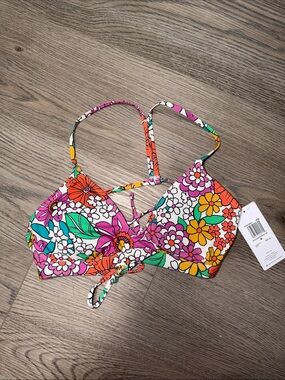 Hurley Floral Tie-Front Bikini Top in Pink, Orange, Yellow, Green, White